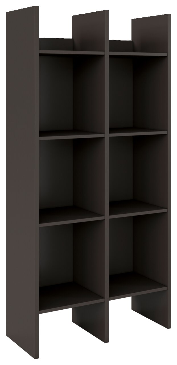 Regalelement mit sechs Fächern in dunkler Farbe, seitliche Perspektive