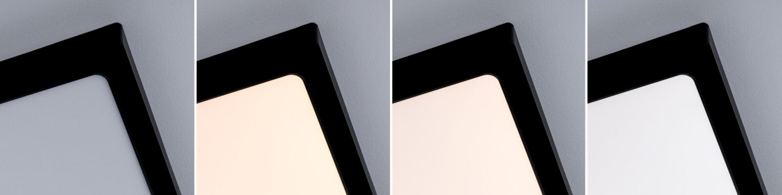 Vier Nahaufnahmen einer rechteckigen LED-Deckenleuchte mit schwarzem Rahmen und diffuser Lichtfläche, die unterschiedliche Lichtfarben zeigt; Perspektive: schräg von unten/seitlich auf die Ecke der Leuchte vor grauer Wand.