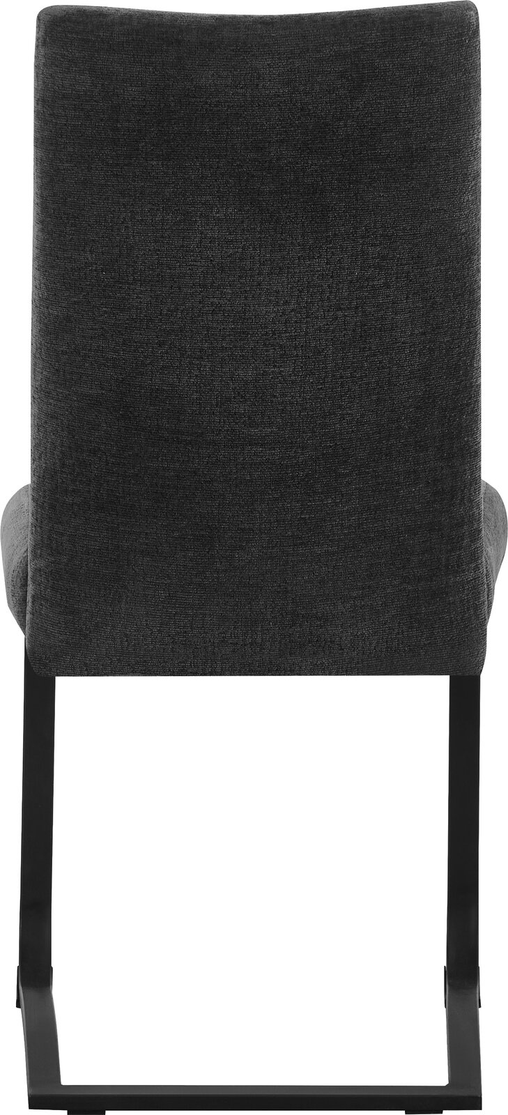 Rückansicht eines gepolsterten Stuhls mit dunkelgrauem Stoffbezug und schwarzem Metallgestell vor weißem Hintergrund