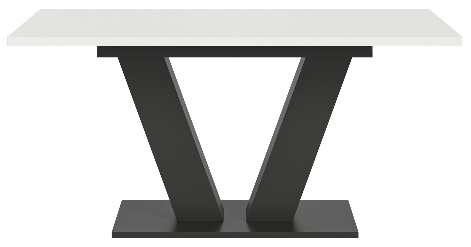 Moderner Esstisch mit weißer Tischplatte und schwarzem V-förmigem Gestell, Frontalansicht.