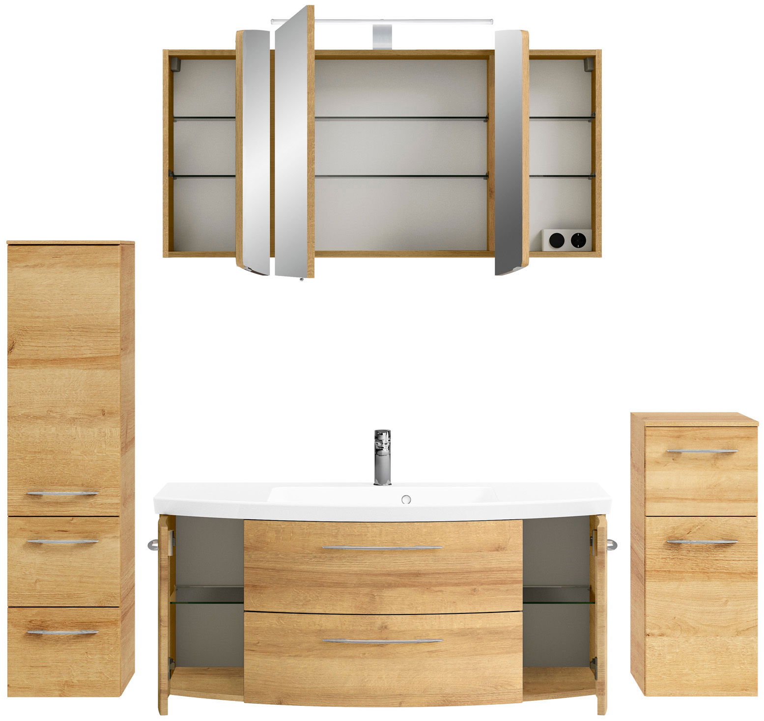 Frontale Ansicht einer Badkombination aus Holz mit Spiegelschrank, Waschbeckenunterschrank und zwei Hochschränken.
