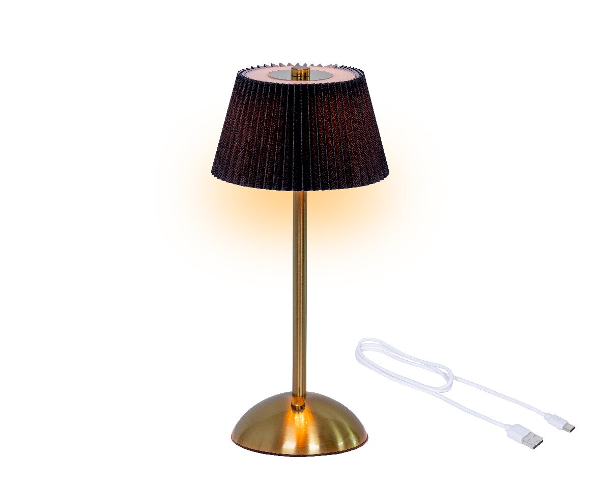LED wiederaufladbare Tischlampe mit schwarzem Lampenschirm und goldenem Standfuß, seitliche Perspektive, inklusive USB-Ladekabel.