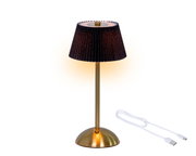 LED wiederaufladbare Tischlampe mit schwarzem Lampenschirm und goldenem Standfuß, seitliche Perspektive, inklusive USB-Ladekabel.