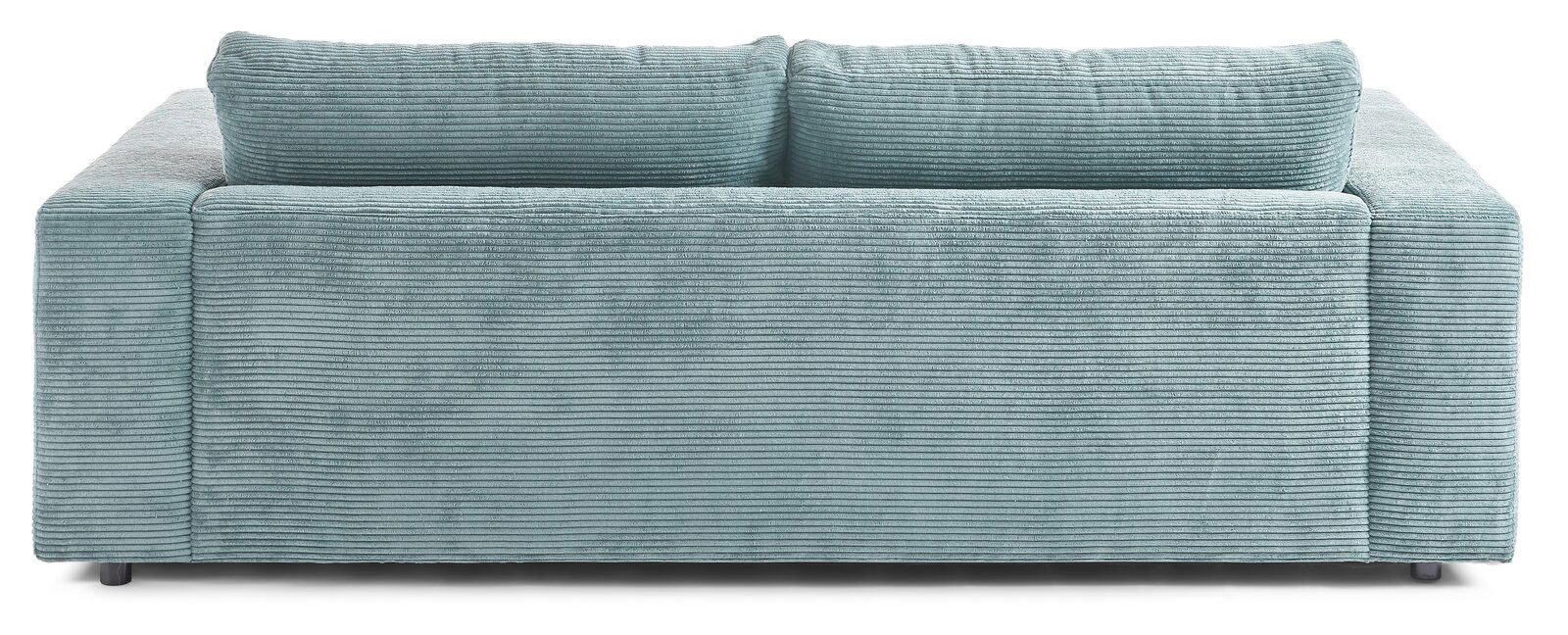 Rückansicht eines zweisitzigen Sofas mit hellblauem Cordbezug.