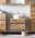 Moderner Waschtisch mit Holzoptik und rundem Waschbecken, frontal fotografiert.