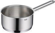 Edelstahl-Stielkasserolle mit Messskala und langem Griff, seitliche Perspektive