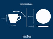 Grafische Produktdarstellung einer Espressotasse mit Untertasse aus Porzellan, Seitenansicht und Draufsicht mit Maßangaben: Tasse 10 cl, Höhe 6 cm, Durchmesser 6,5 cm; Untertasse Durchmesser 12 cm, Höhe 2 cm.
