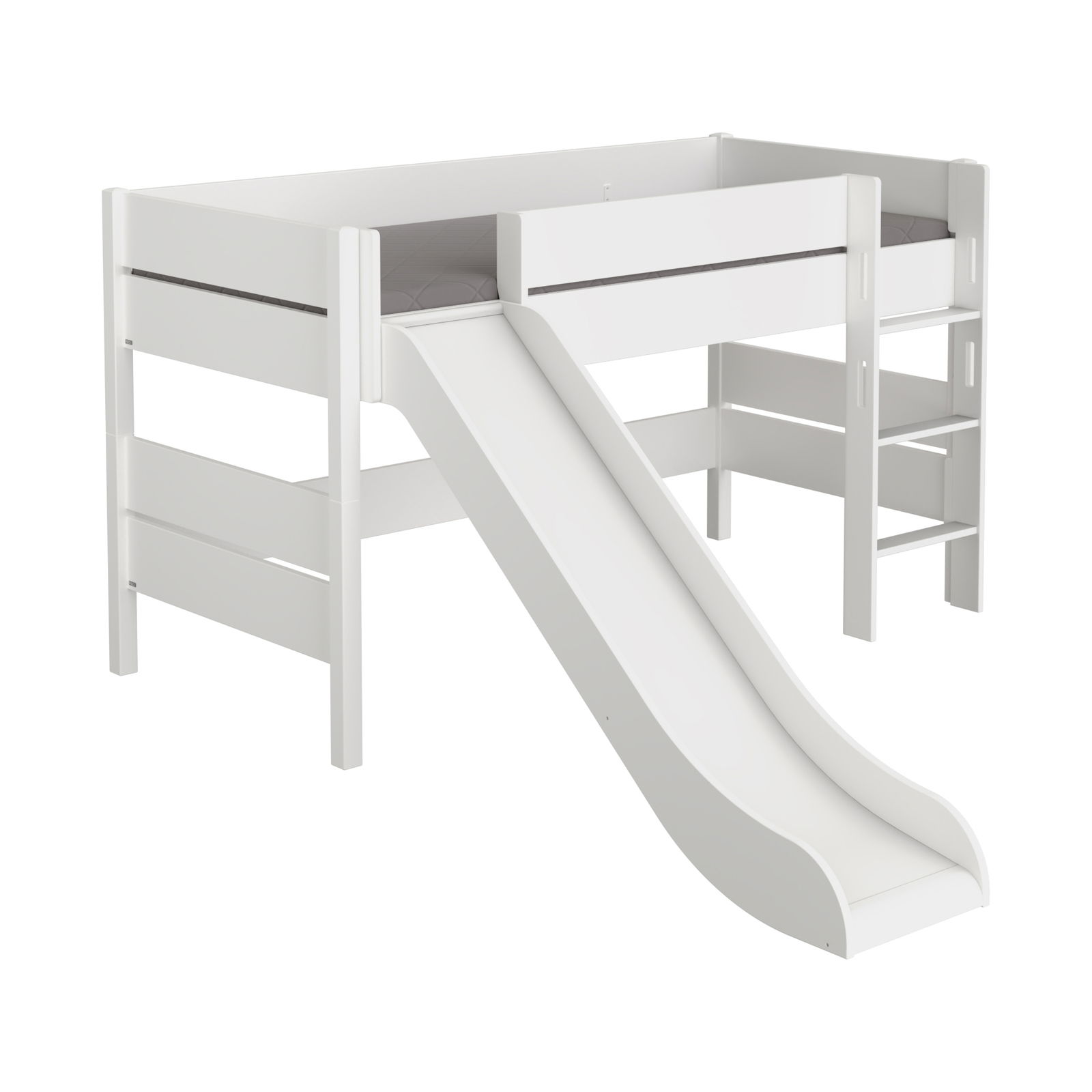 Paidi Spielbett mit Rutsche TIAGO Weißes Spielbett mit Rutsche und Leiter, seitliche Perspektive