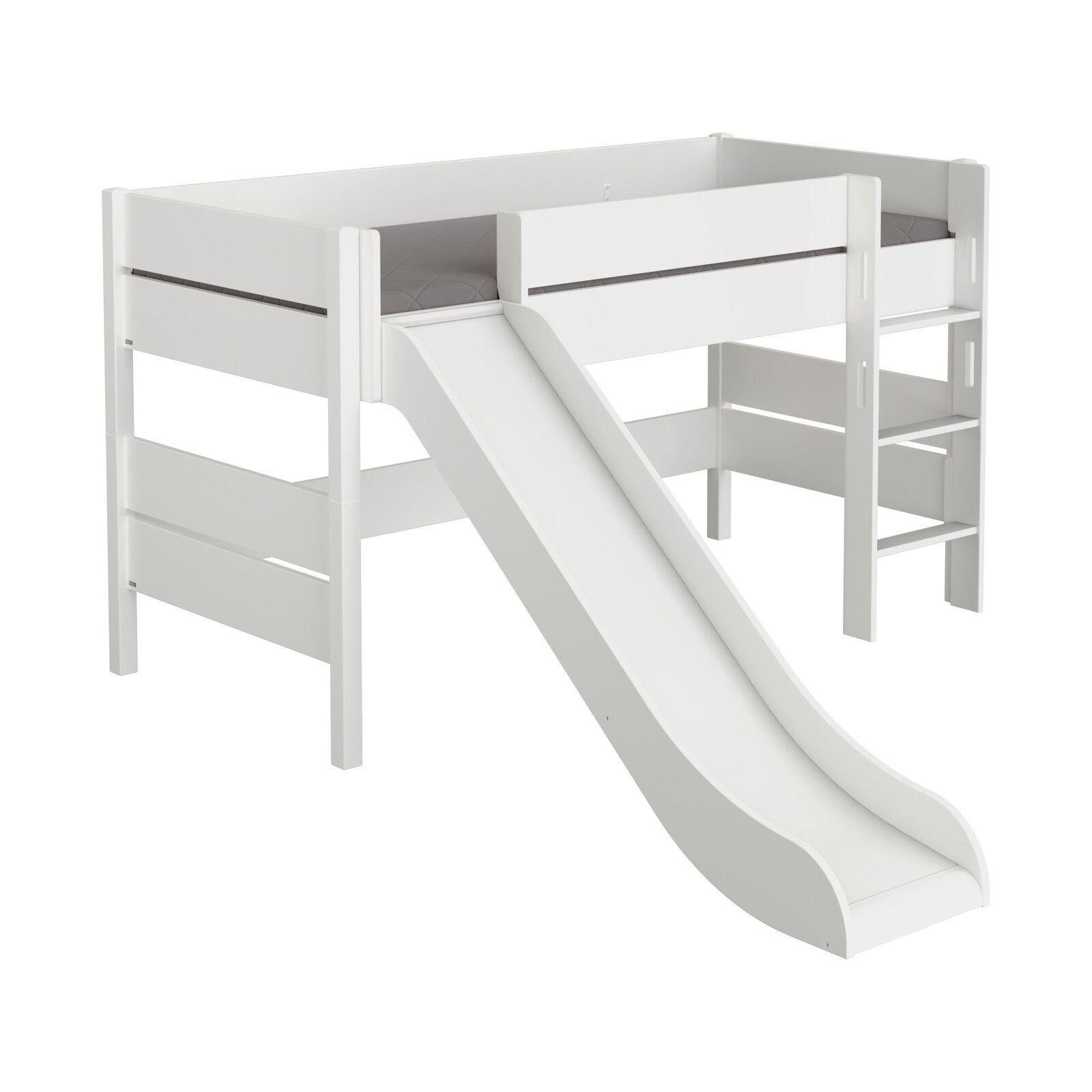 Paidi Spielbett mit Rutsche TIAGO Weißes Spielbett mit Rutsche und Leiter, seitliche Perspektive