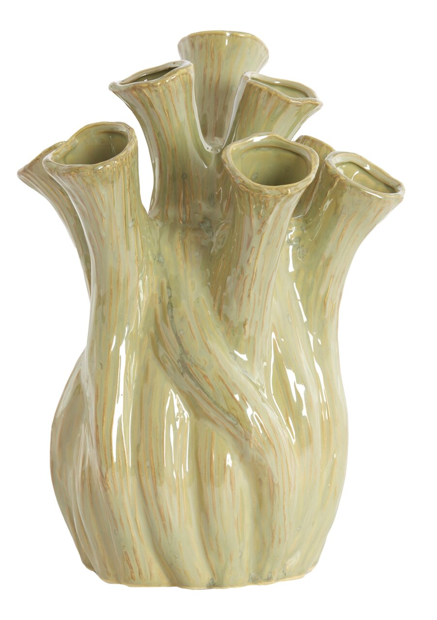 Keramikvase mit mehreren Öffnungen in organischer Form, aus seitlicher Perspektive fotografiert