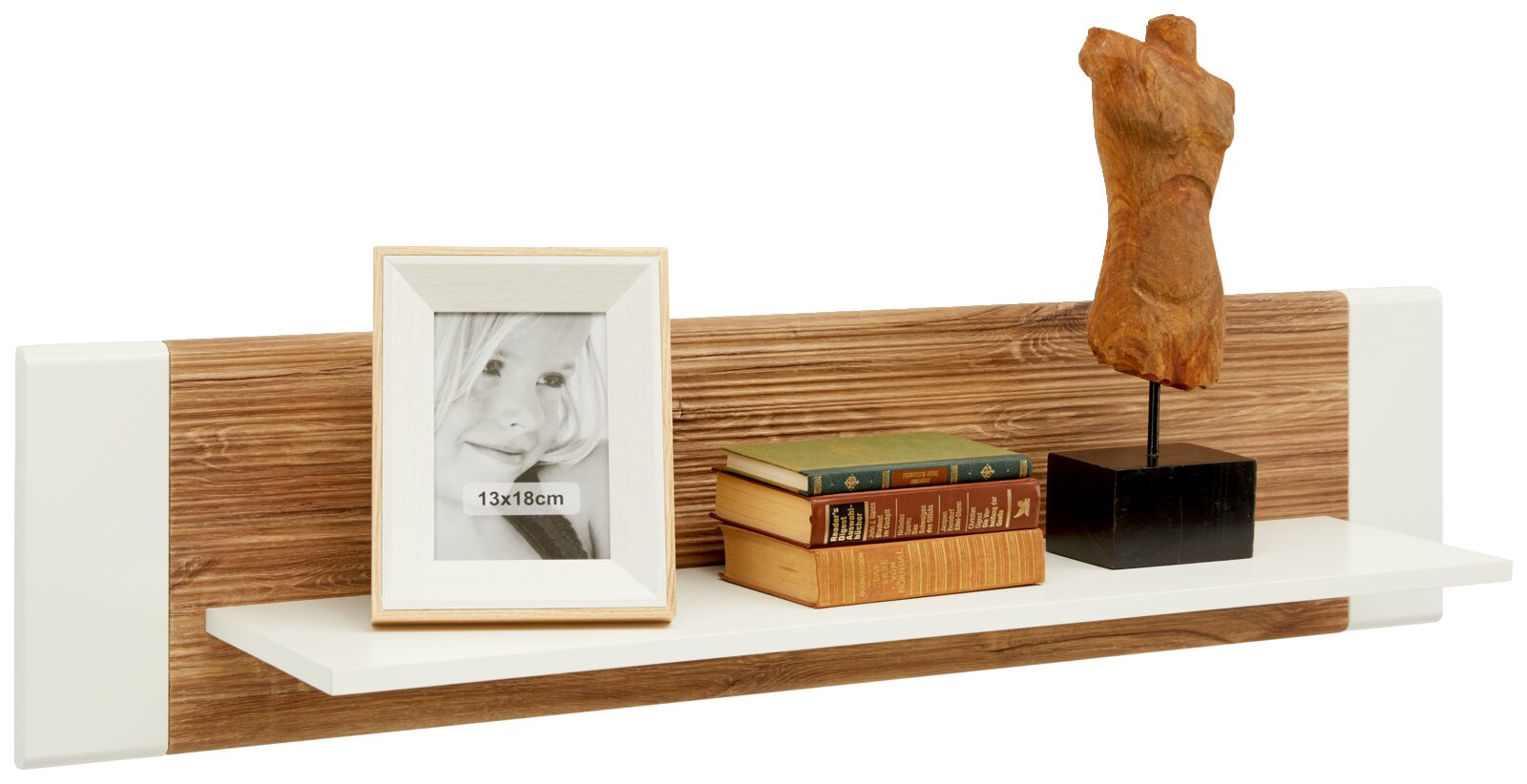 Z2 Wandplank LEONARDO Wandplank met houtlook en een witte plank, versierd met een fotolijst, boeken en een beeldje, zijaanzicht