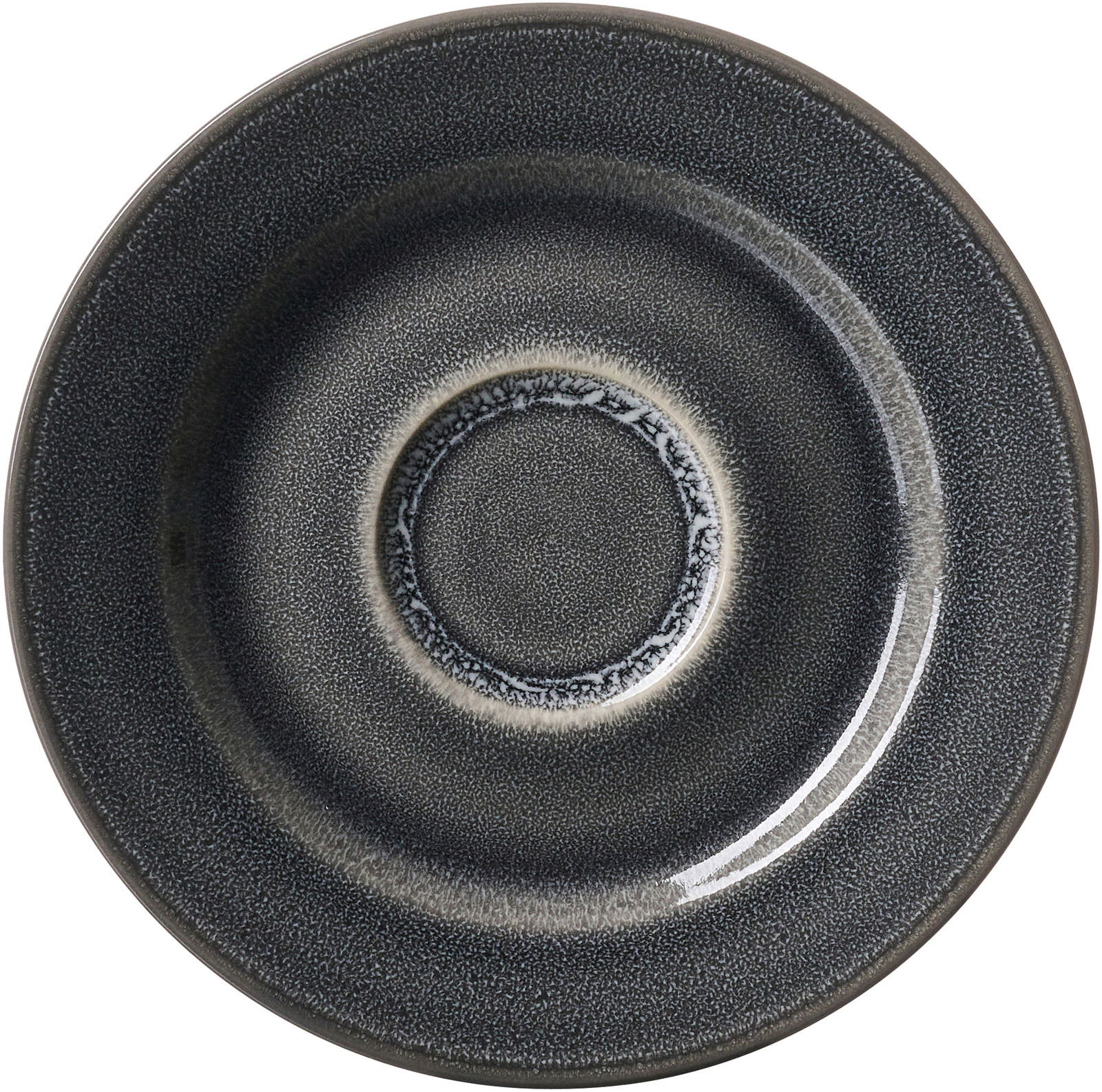 Draufsicht auf einen dunkelgrauen Espressounterteller mit feiner Struktur und leichtem Glanz, Durchmesser 12,5 cm.