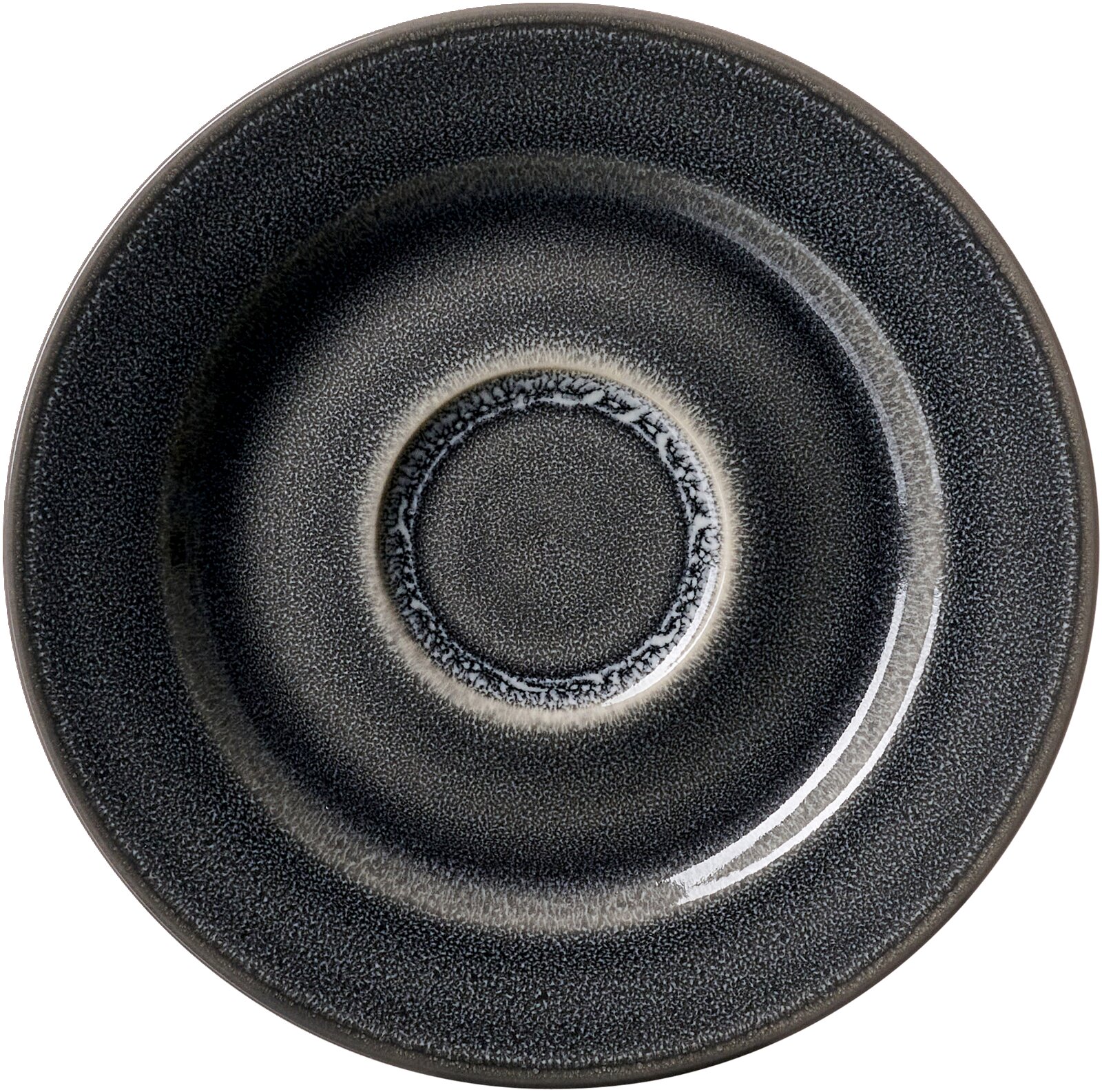 Draufsicht auf einen dunkelgrauen Espressounterteller mit feiner Struktur und leichtem Glanz, Durchmesser 12,5 cm.