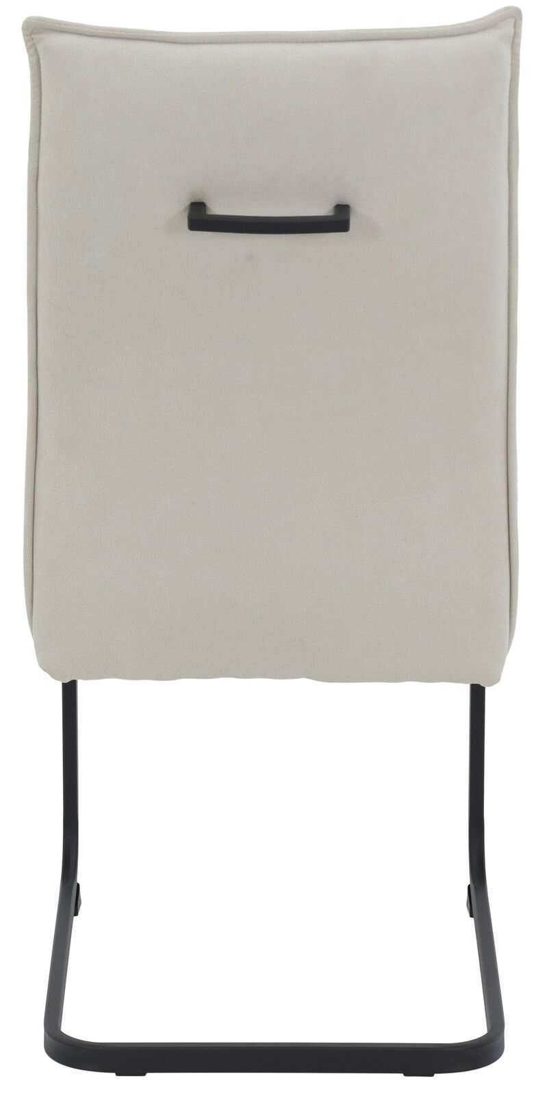 Rückansicht eines Schwingstuhls mit beigem Polster und schwarzem Metallgestell.