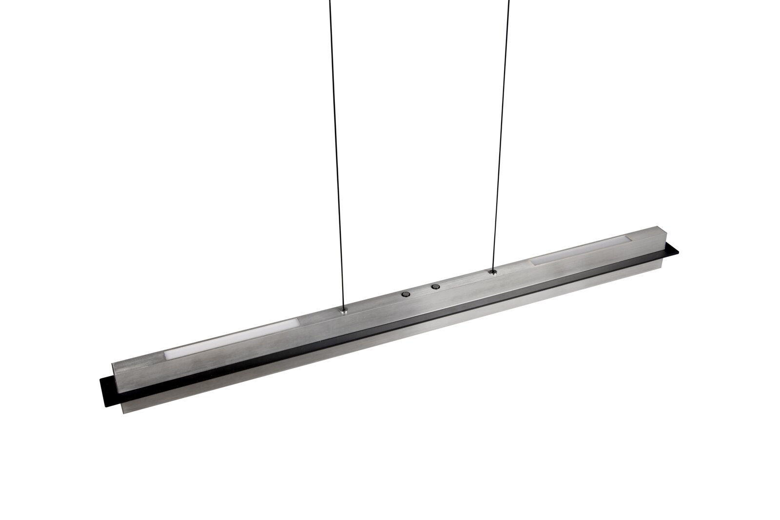 Moderne LED-Hängeleuchte aus Metall in seitlicher Perspektive, mit zwei dünnen Kabeln zur Aufhängung.