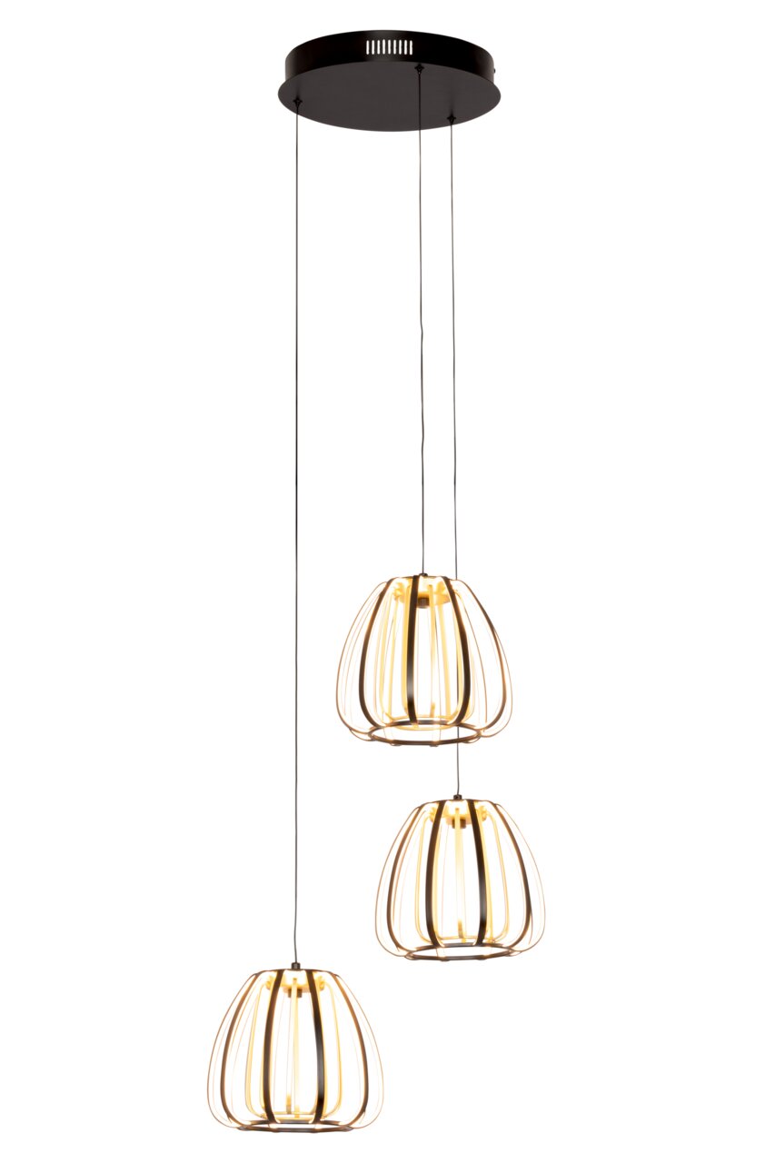 Novel LED-Hängeleuchte ONTARIO Moderne LED-Hängeleuchte mit drei goldenen, käfigartigen Schirmen, von unten betrachtet.