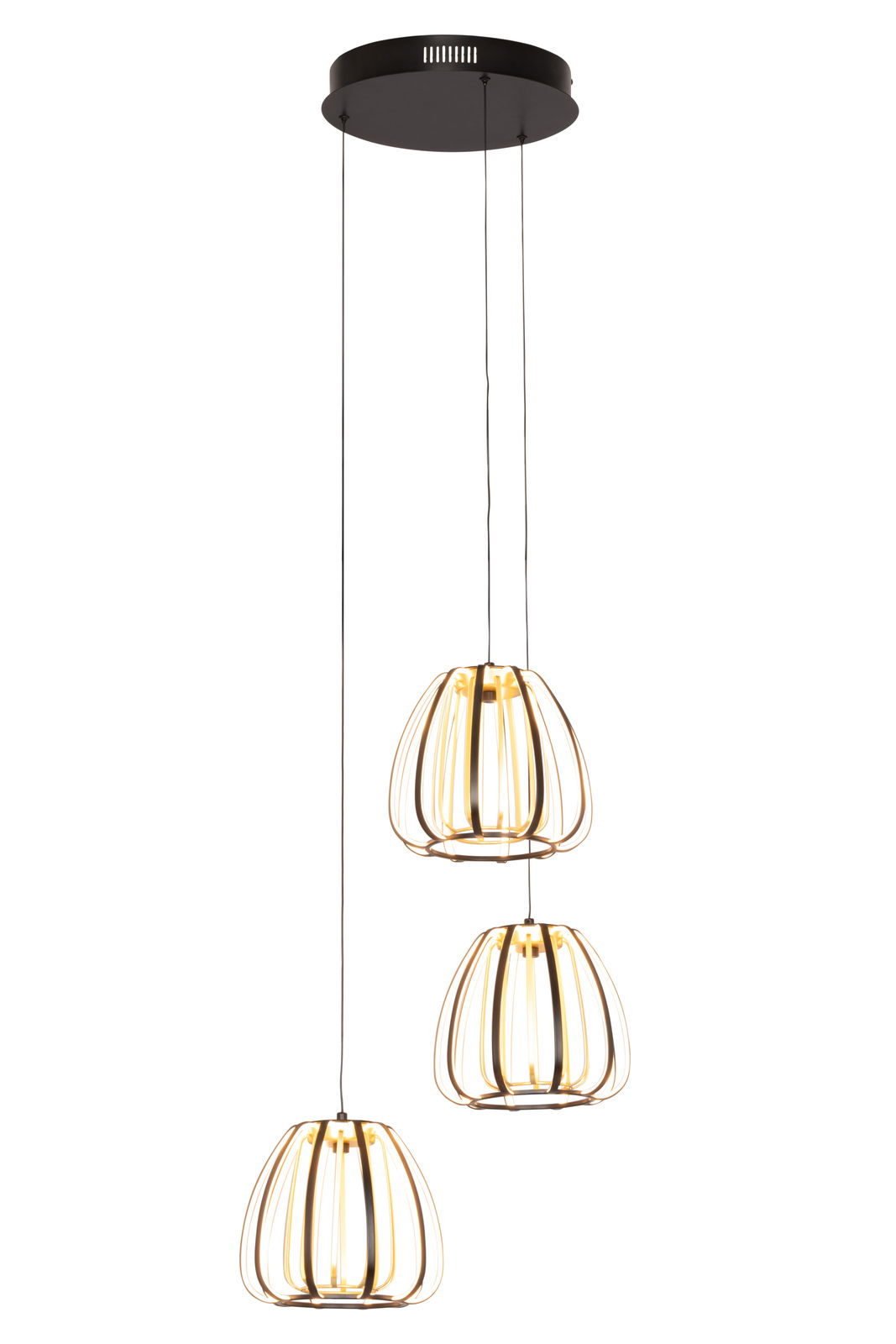 Moderne LED-Hängeleuchte mit drei goldenen, käfigartigen Schirmen, von unten betrachtet.