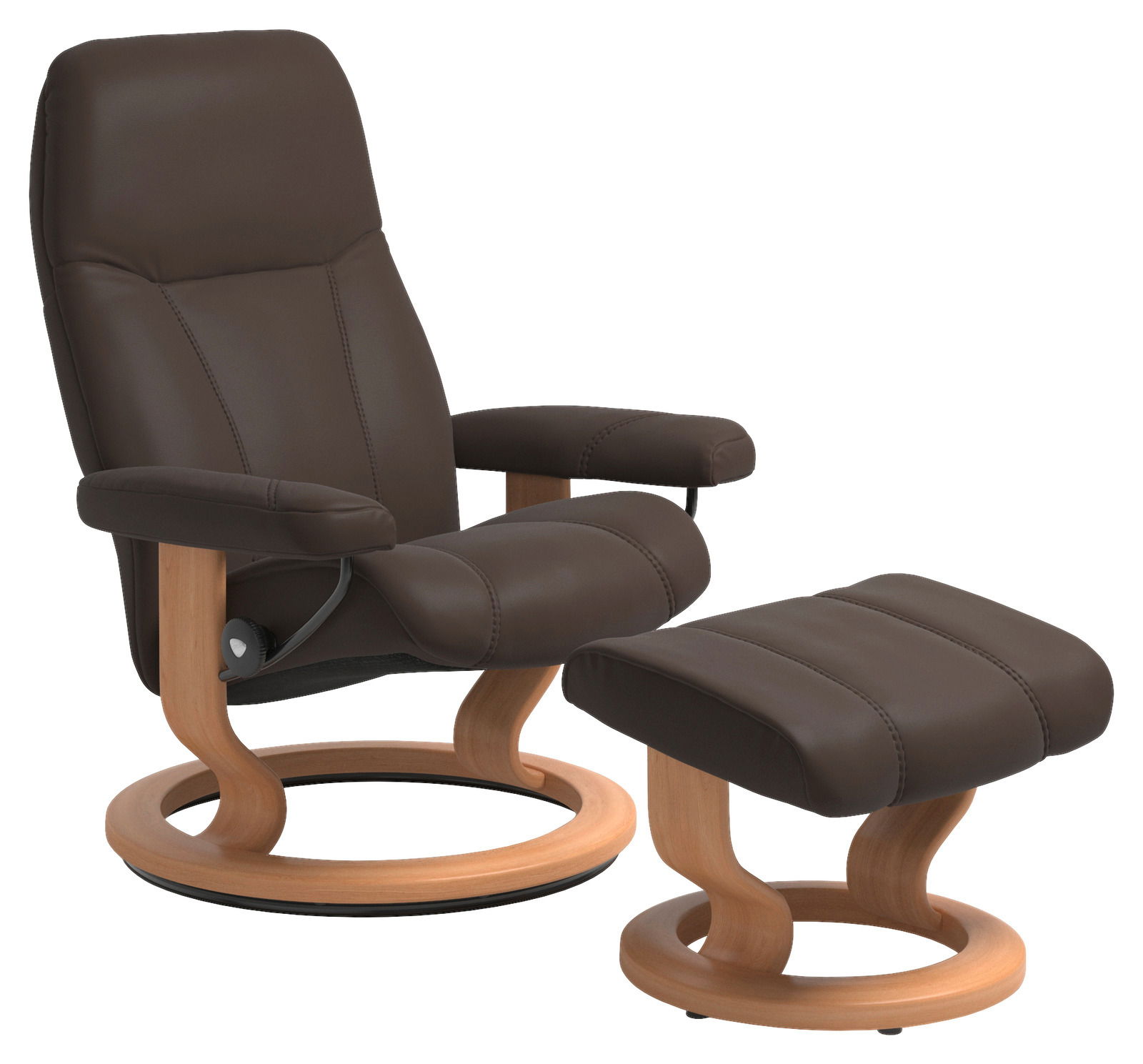 Brauner Stressless Einzelsessel mit passendem Hocker, seitliche Perspektive