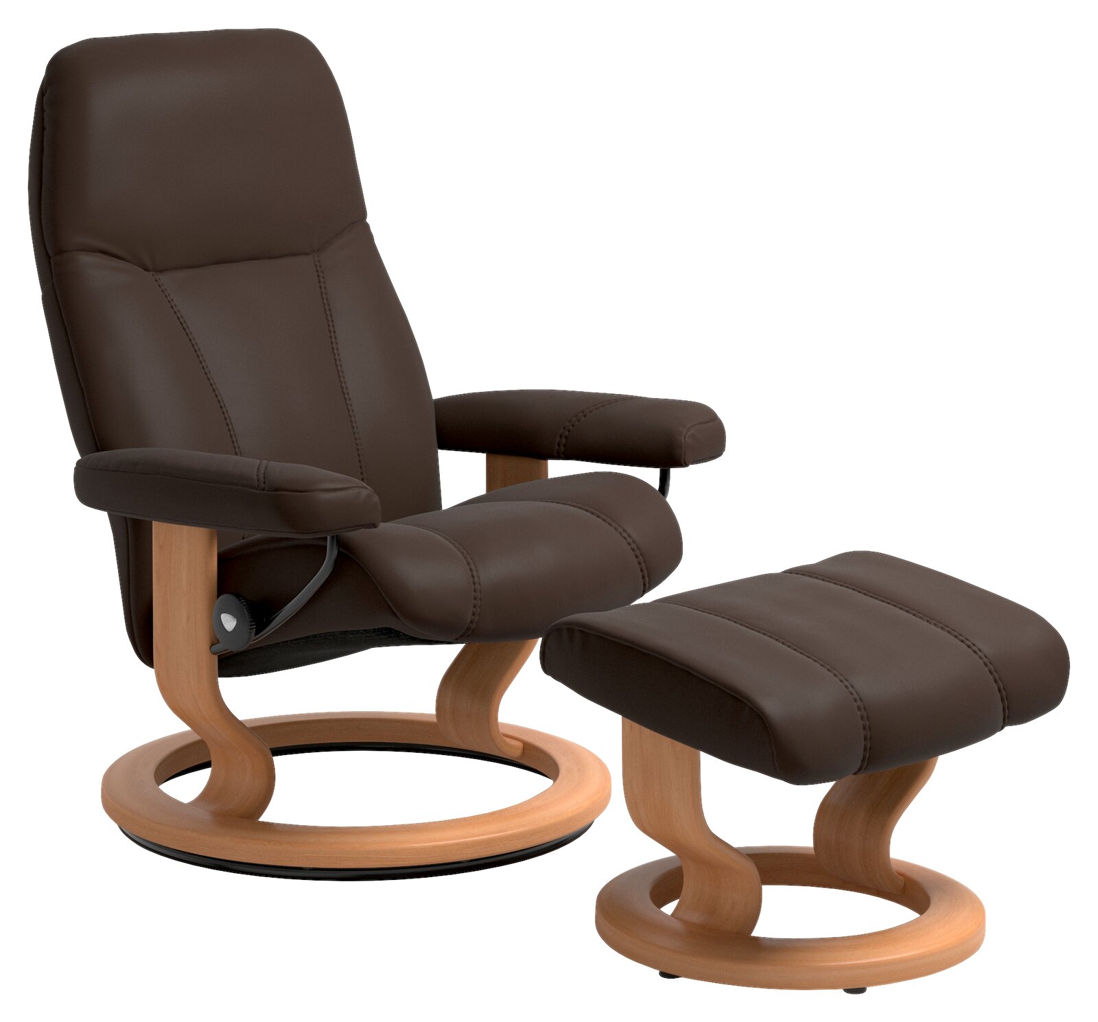 Brauner Stressless Einzelsessel mit passendem Hocker, seitliche Perspektive
