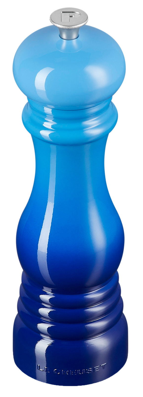 Blaue Pfeffermühle in einem eleganten Design, frontal abgebildet.