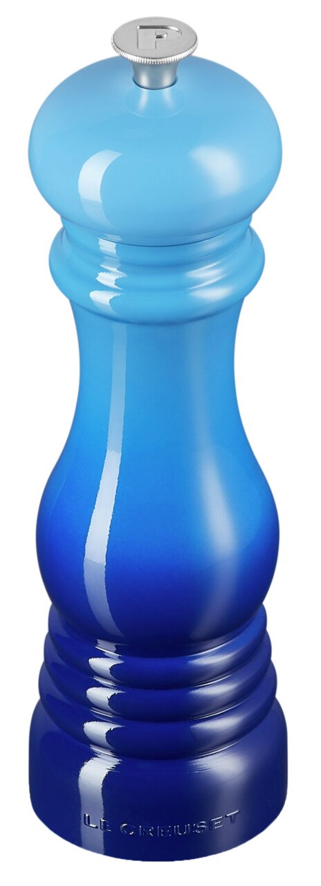 Blaue Pfeffermühle in einem eleganten Design, frontal abgebildet.