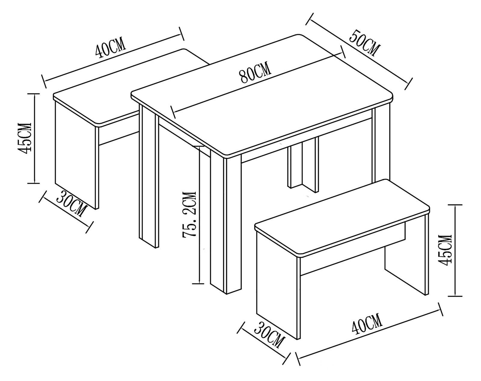 Technische Strichzeichnung eines dreiteiligen Tischsets aus einem rechteckigen Tisch (ca. 80 x 50 cm, Höhe ca. 75,2 cm) und zwei passenden Hockern (je ca. 40 x 30 cm, Höhe ca. 45 cm), dargestellt in schräger Perspektive von oben.