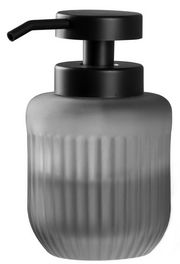 Moderner Seifenspender Vera in mattem Schwarz mit geriffeltem Glasdesign, seitliche Perspektive