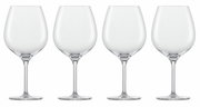 Vier elegante Rotweingläser aus klarem Glas, frontal nebeneinander aufgereiht.
