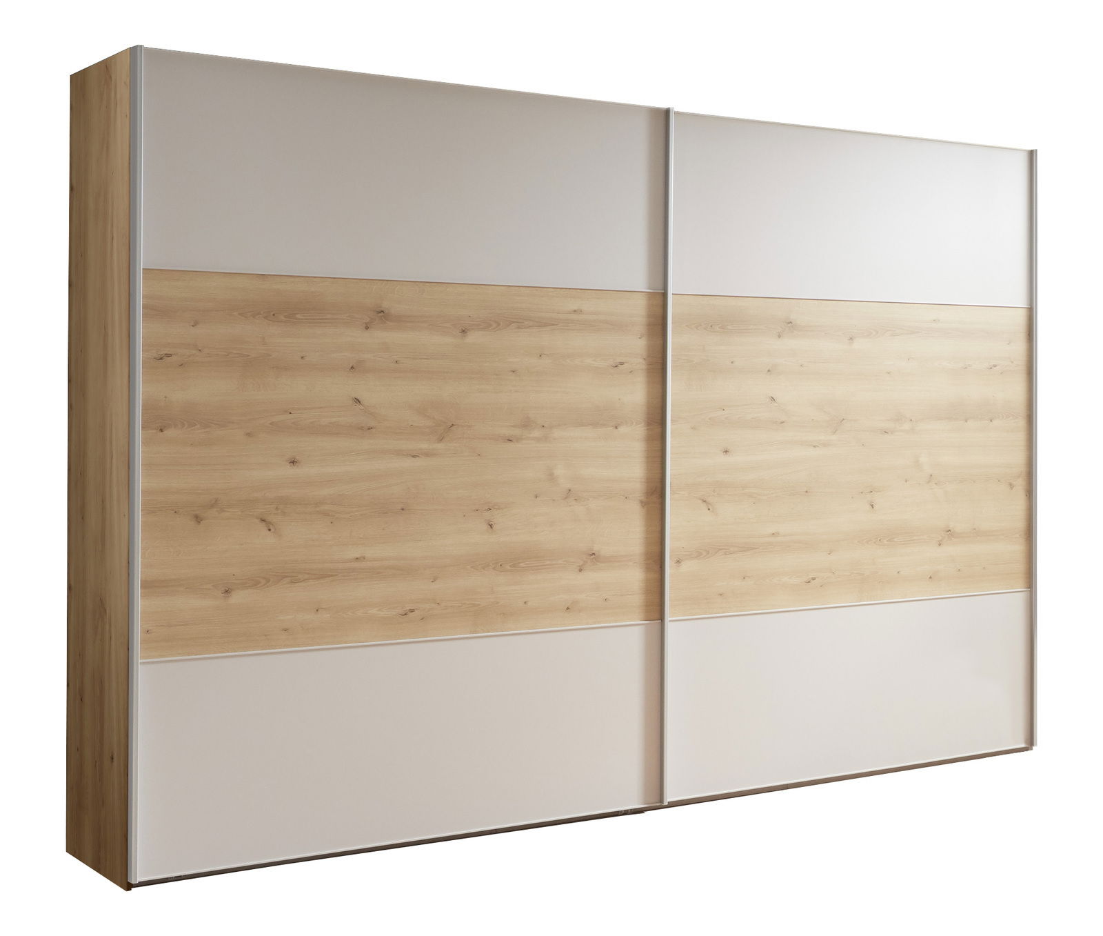 Schwebetürenschrank mit zwei Türen in Holzoptik und weißen Elementen, seitliche Perspektive