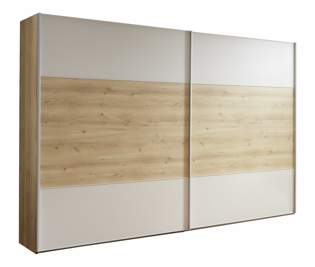 Rottmann Schwebetürenschrank 2-türig PORTLAND Schwebetürenschrank mit zwei Türen in Holzoptik und weißen Elementen, seitliche Perspektive