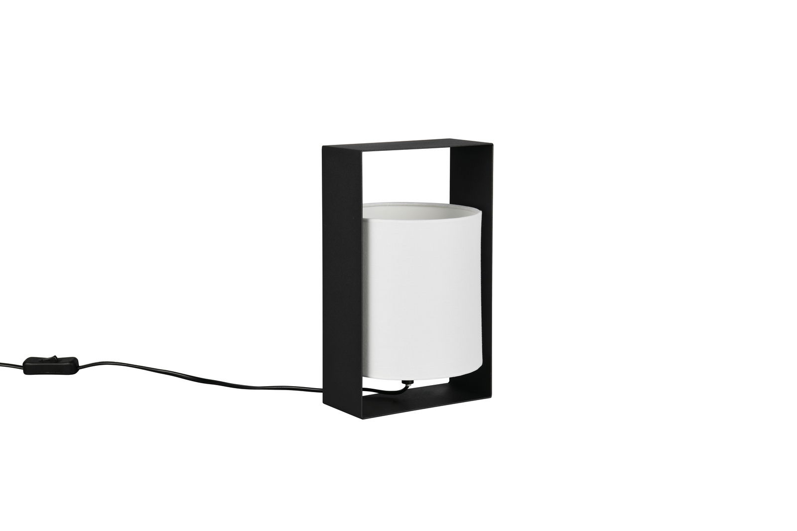 Moderne Tischleuchte mit schwarzem rechteckigem Rahmen und weißem zylindrischem Lampenschirm, seitliche Perspektive