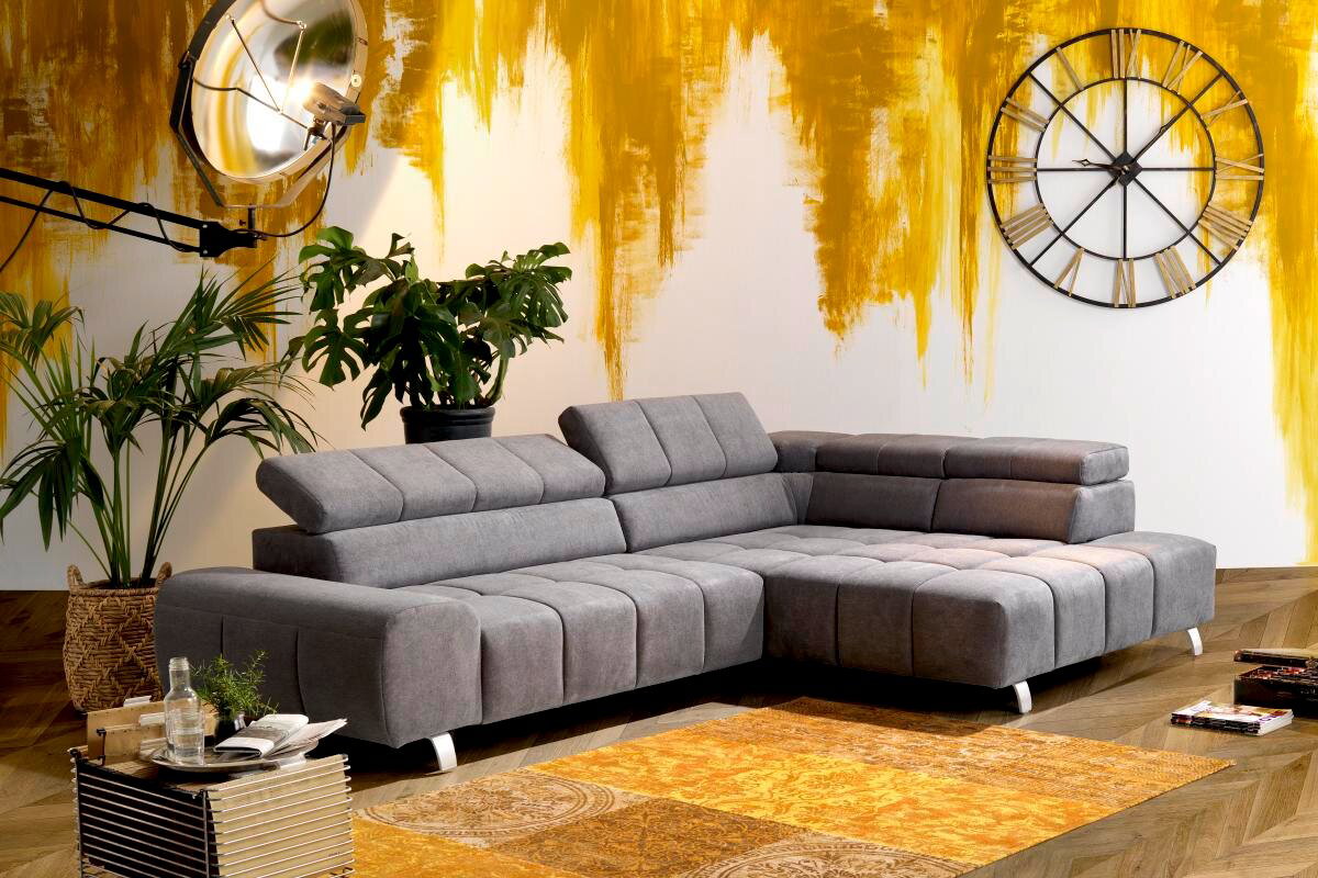 Hom´in Ecksofa TAIFUN Graue Rundecke mit Ottomane rechts, moderne Wohnzimmerumgebung, seitliche Perspektive