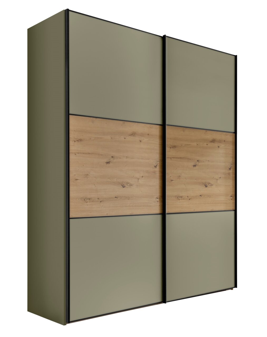 Moderner Schwebetürenschrank in Olivgrün mit mittigem Holzdekor-Streifen und schwarzem Rahmen, schräg von vorne links in leichter Perspektive freigestellt
