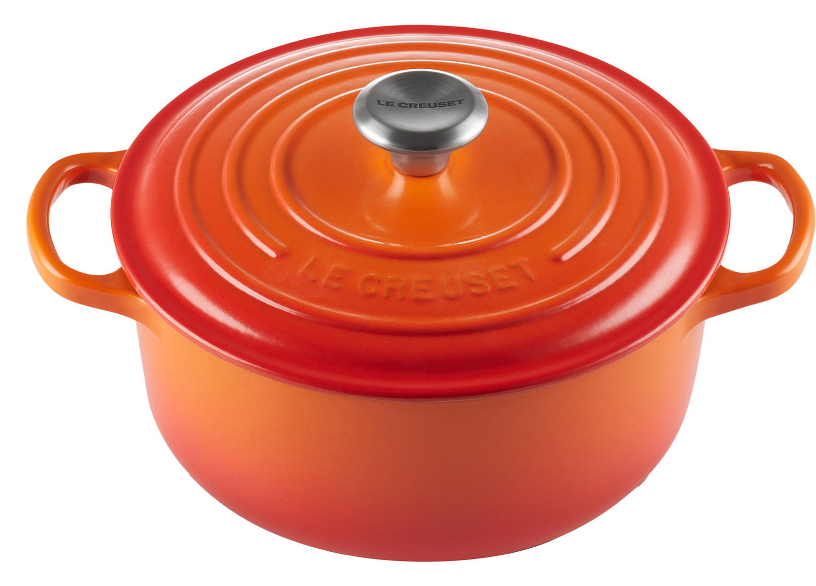 Runder Bräter 28cm in Ofenrot von oben mit zwei Griffen und Deckel mit Knauf