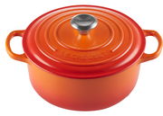 Runder Bräter 28cm in Ofenrot von oben mit zwei Griffen und Deckel mit Knauf