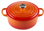 Runder Bräter 28cm in Ofenrot von oben mit zwei Griffen und Deckel mit Knauf
