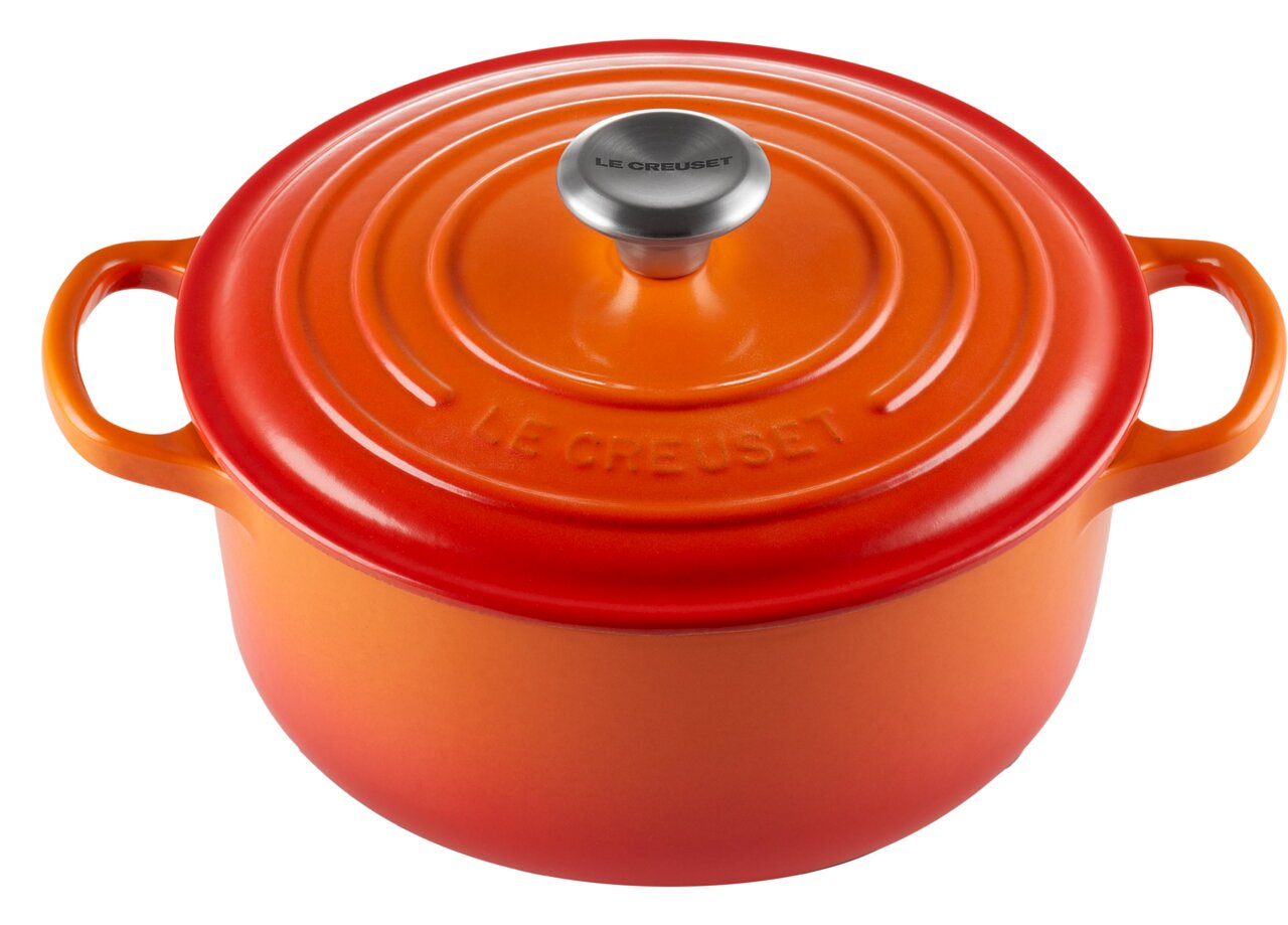 LE CREUSET Bräter Rund 28cm Ofenrot SIGNATURE Runder Bräter 28cm in Ofenrot von oben mit zwei Griffen und Deckel mit Knauf
