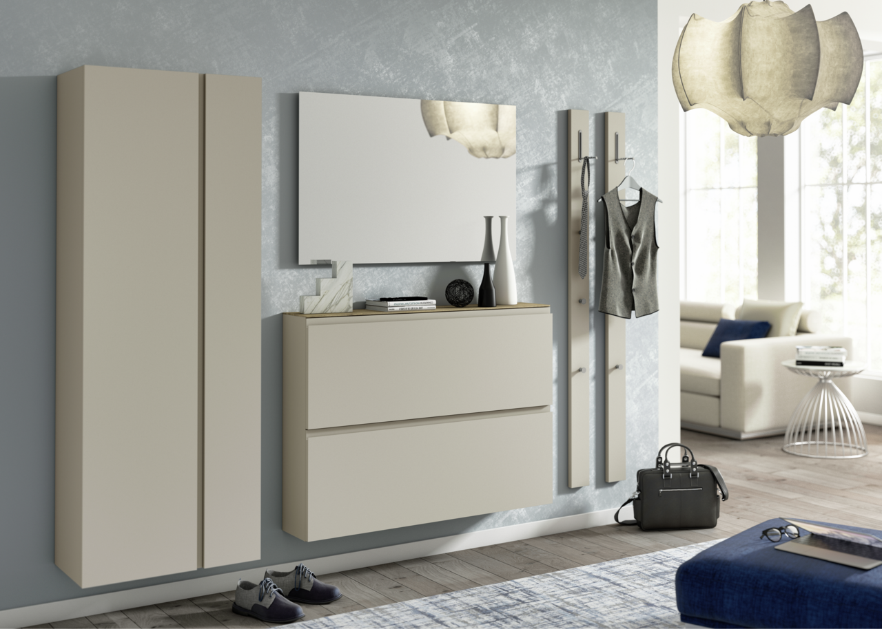 Moderano Garderoben-Set LECCO Modernes Garderobenset in Beige mit Schrank, Spiegel und Hakenleiste, seitliche Perspektive