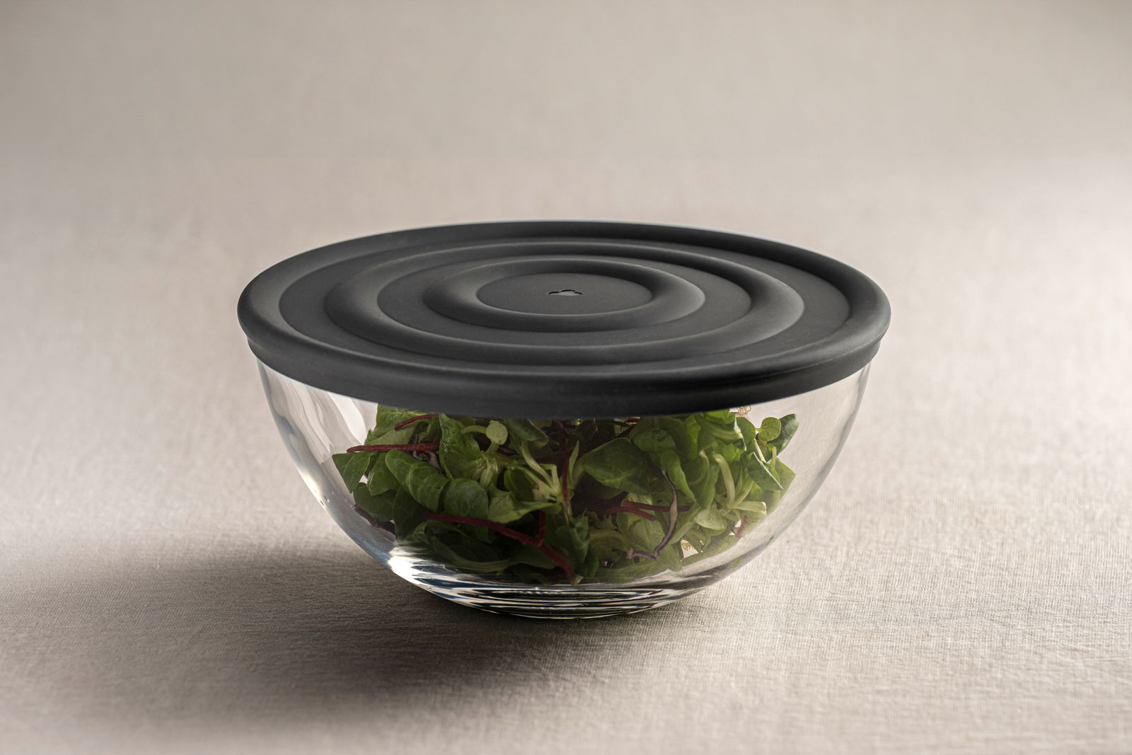 Sicht von der Seite auf eine Glasschüssel mit einem schwarzen Silikondeckel, gefüllt mit frischem Salat.