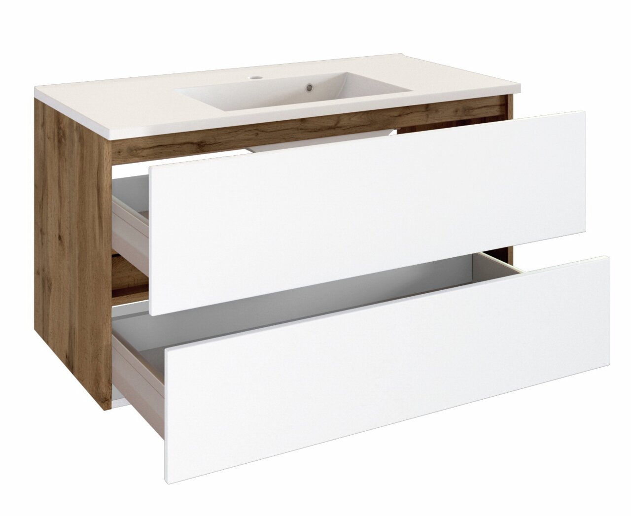 Moderner Waschplatz mit Holzoptik und weißen Schubladen, seitliche Perspektive