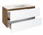 Moderne wastafel met houtlook en witte lades, zijaanzicht