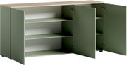 Grünes Sideboard mit offenen Türen, zwei Regalböden und einer Holzoberfläche, seitliche Perspektive