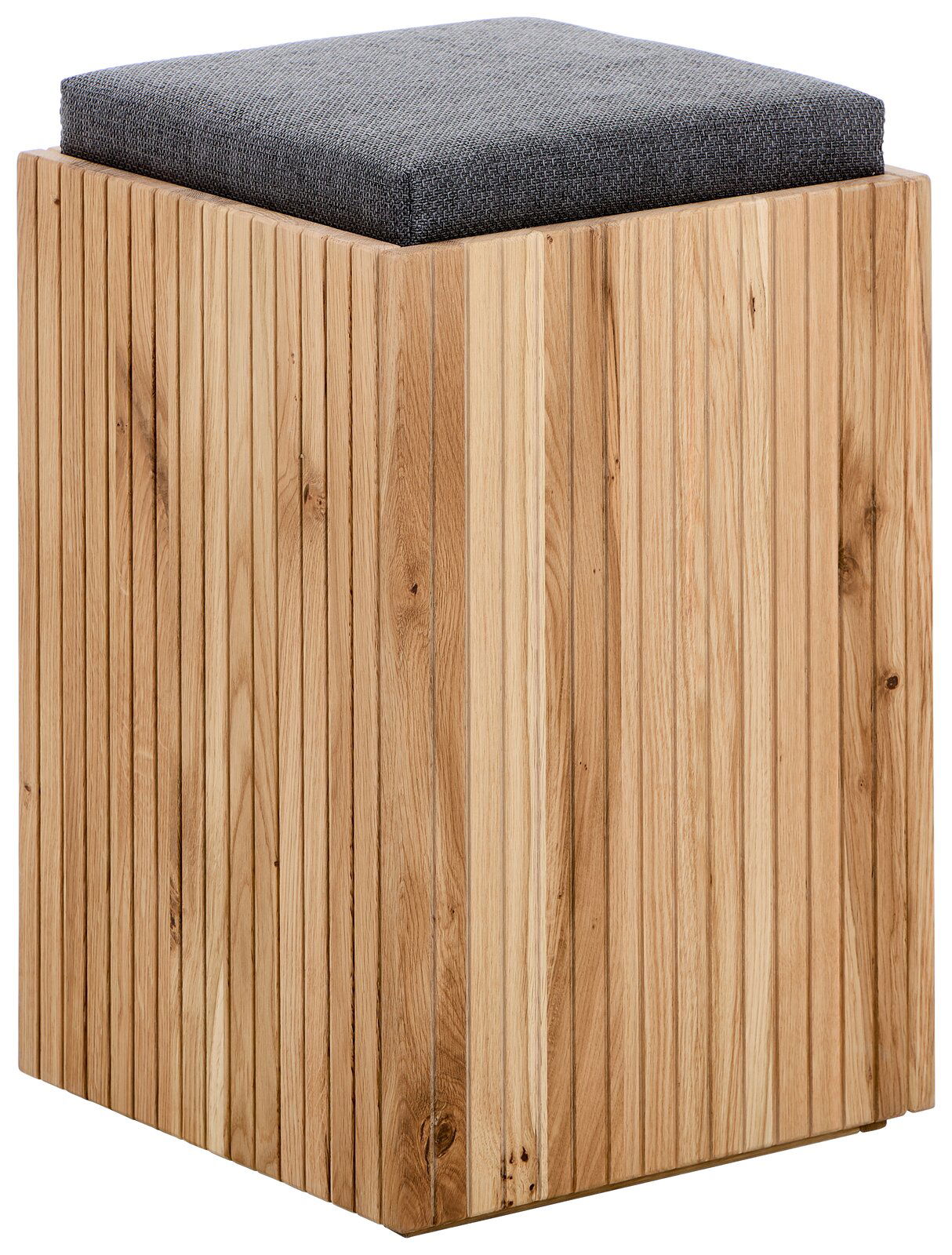 Moderner Hocker aus Holz mit gepolsterter Sitzfläche, seitliche Perspektive