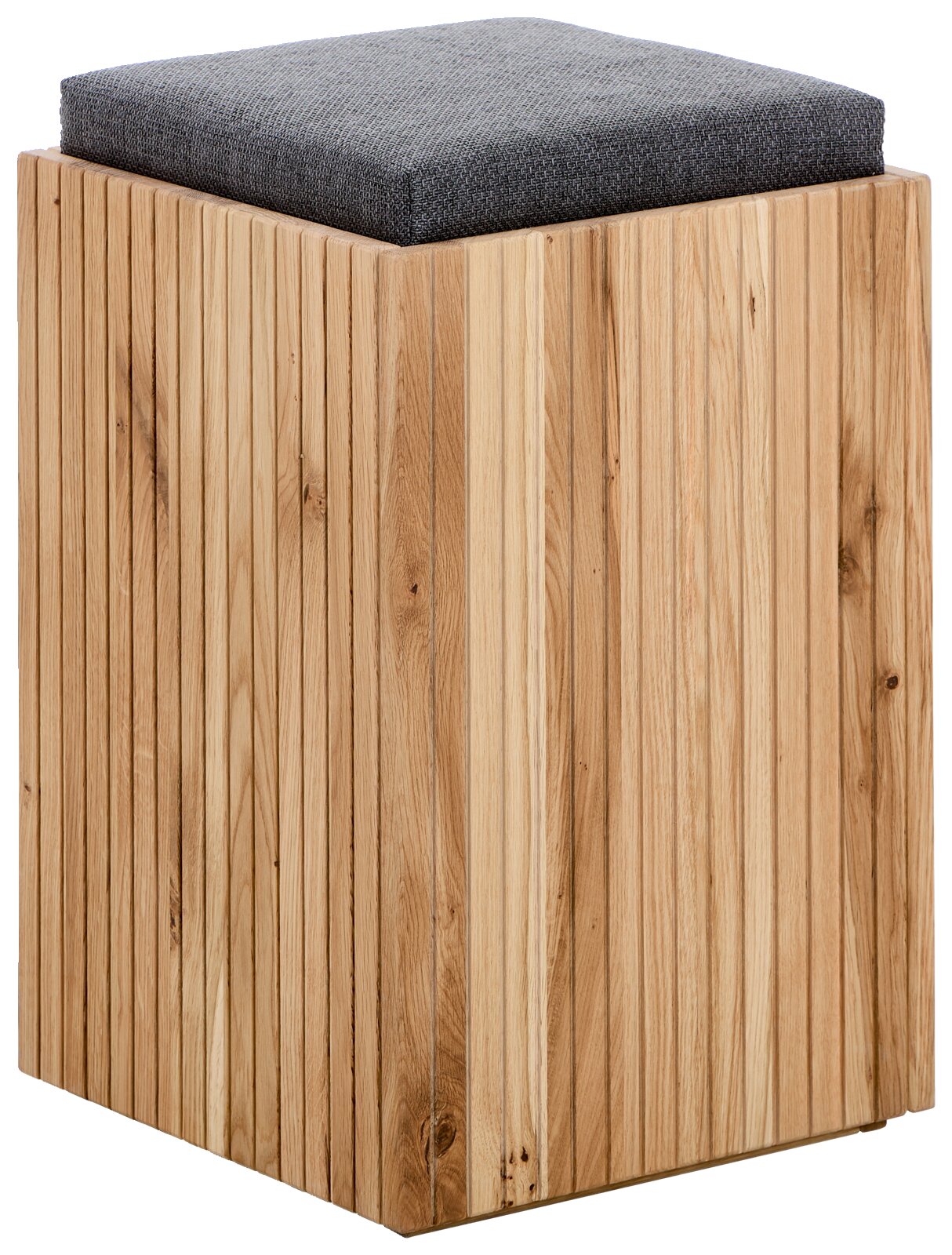 Moderne houten poef met gestoffeerde zitting, zijaanzicht