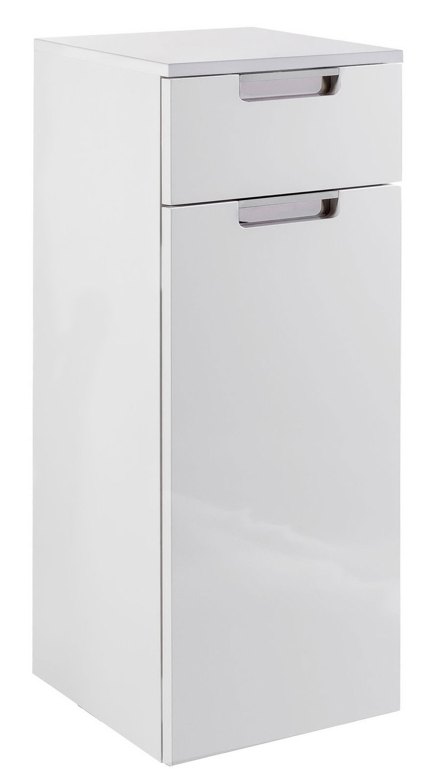 Weißer Unterschrank mit einer Schublade und einer Tür, frontal fotografiert