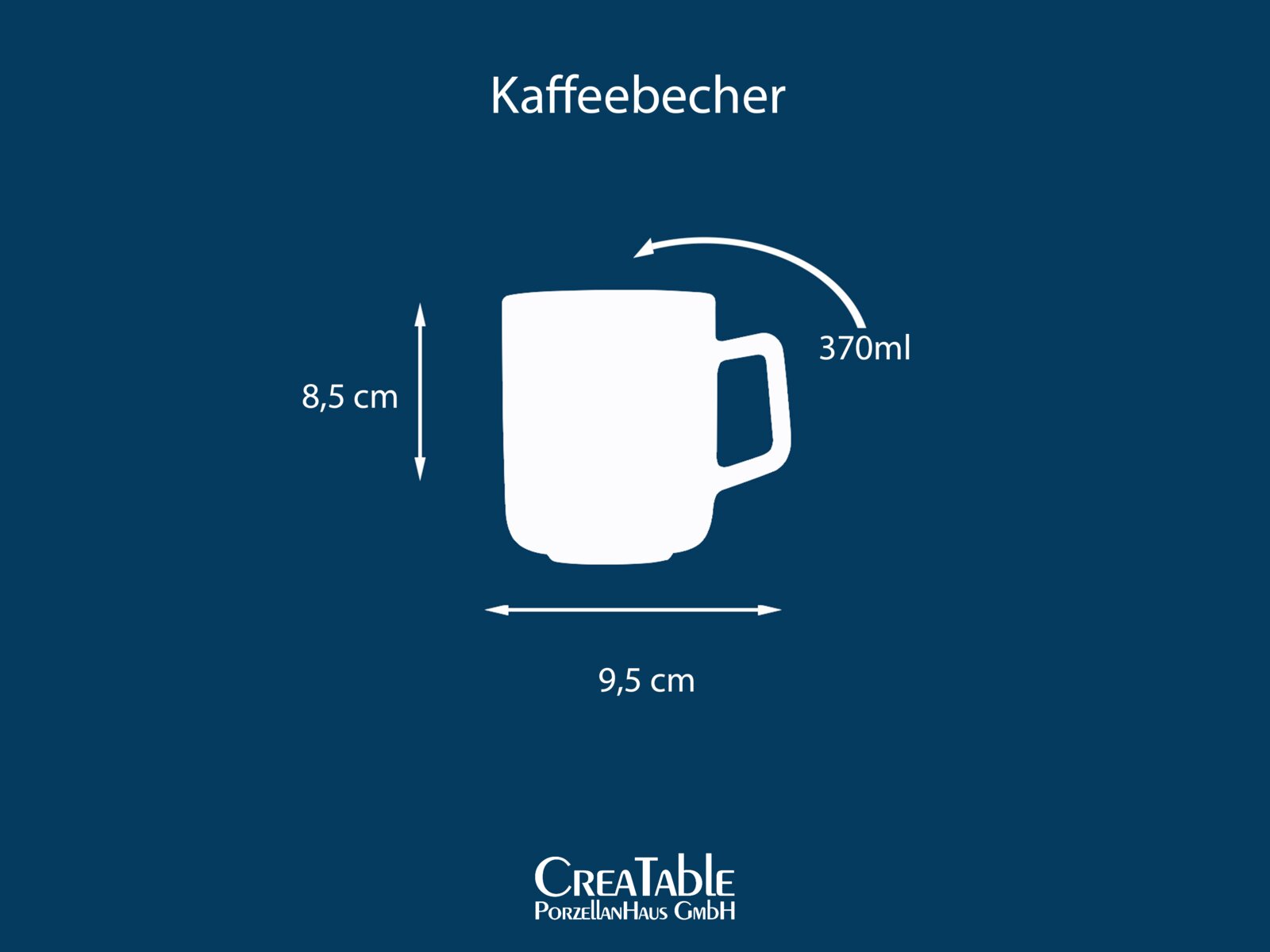 Weiße Kaffeetasse/Becher mit Henkel, 370 ml, Maße ca. 8,5 cm hoch und 9,5 cm breit, als schematische Frontansicht mit Maßpfeilen auf blauem Hintergrund.