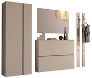 Garderobenset in Beige mit Schrank, Spiegel, Kommode und Wandhaken, seitliche Perspektive