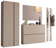Garderobenset in Beige mit Schrank, Spiegel, Kommode und Wandhaken, seitliche Perspektive