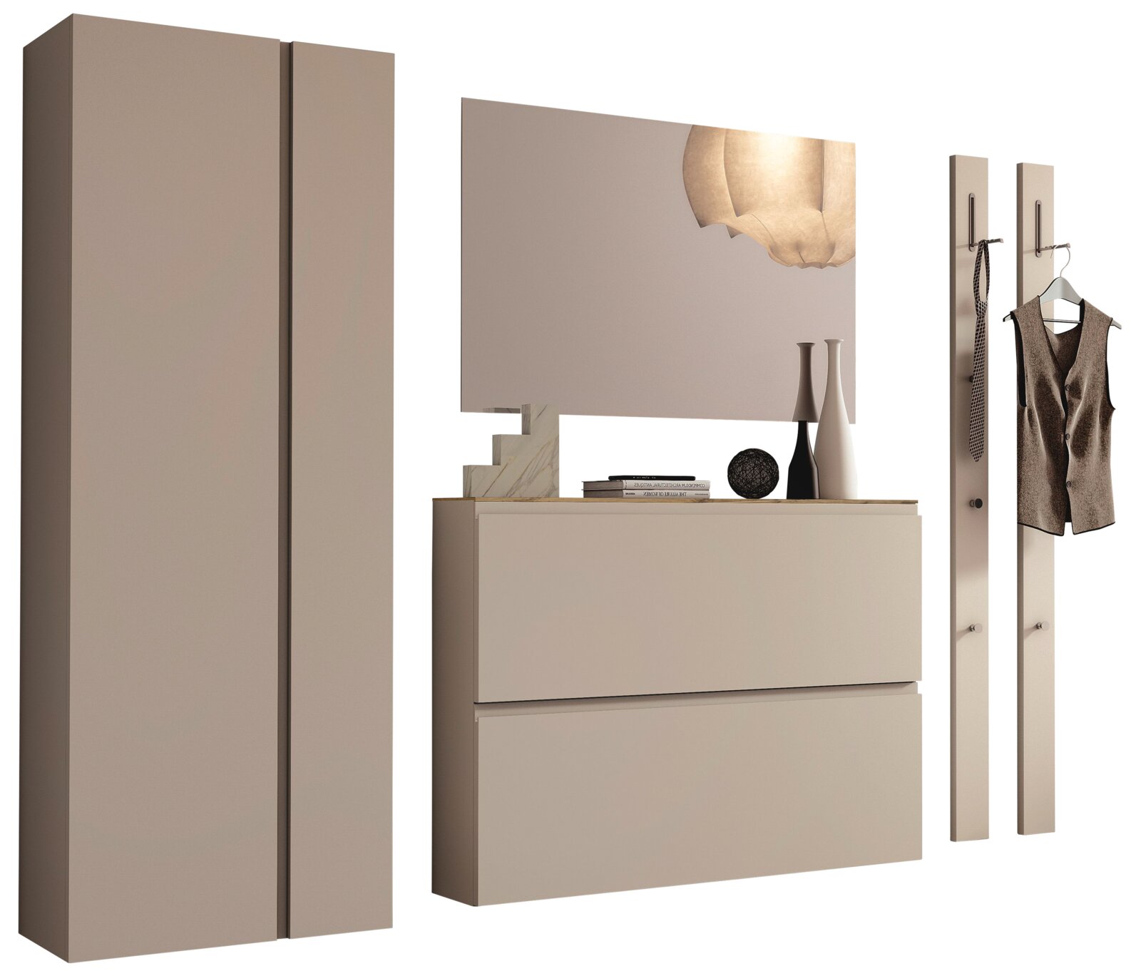 Garderobenset in Beige mit Schrank, Spiegel, Kommode und Wandhaken, seitliche Perspektive