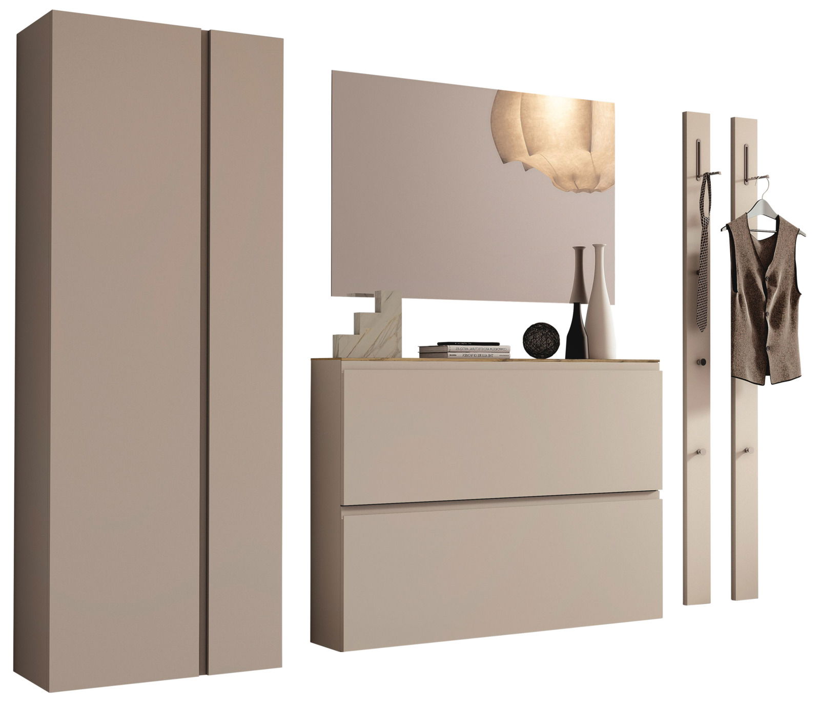 Garderobenset in Beige mit Schrank, Spiegel, Kommode und Wandhaken, seitliche Perspektive